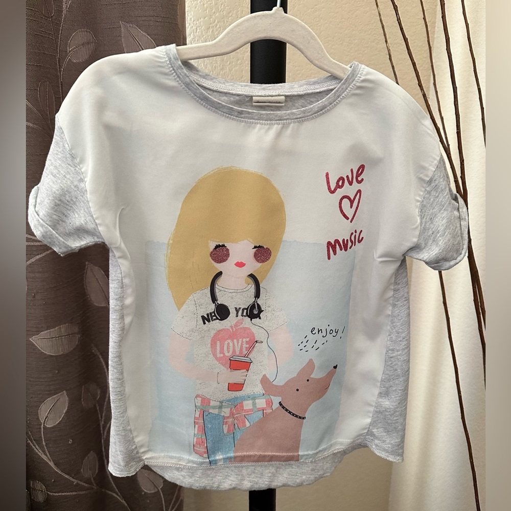Zara | Music Glitter Shirt | Size 6 | White, grey
